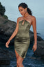 Halter Neck Mini Dress in Metallic Green