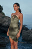 Halter Neck Mini Dress in Metallic Green