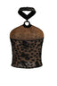 Oriental Style Velvet Flowers on Mesh Halter with Choker Top in Black