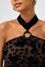 Oriental Style Velvet Flowers on Mesh Halter with Choker Top in Black