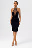 Pearl Halter Deep V Velvet and Tulle Midi Dress in Black
