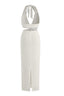 Deep V Halter Cut-Out Crystal Belt Maxi Dress in White