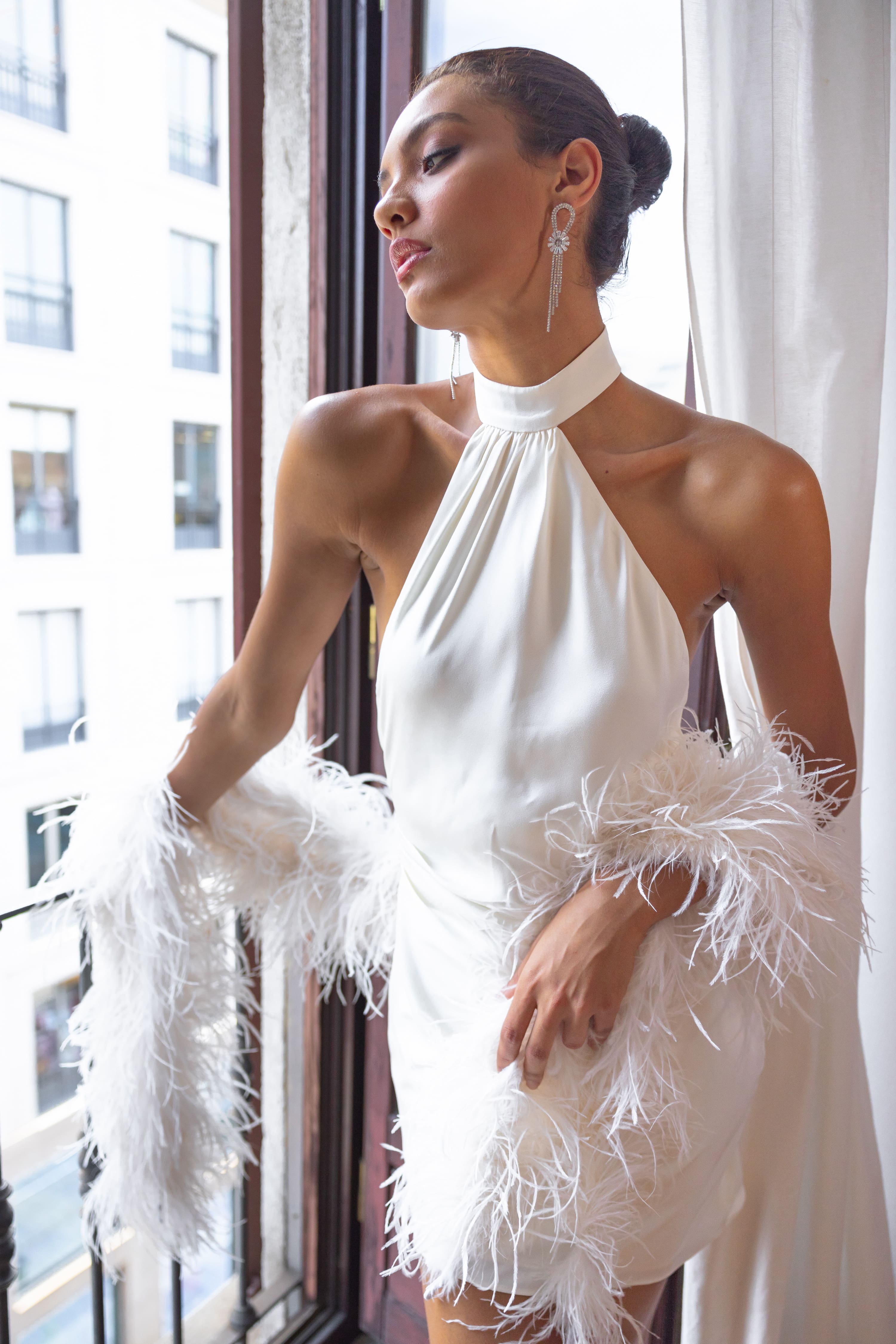Asymmetric Halter Satin Mini Dress with Detachable Scarf in Silky Whit HOLO LOKA Asymmetric Halter Satin Mini Dress with Detachable Scarf in Silky Whit HOLO LOKA