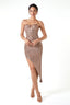 Sequined Strapless Bustier Slit Midi Dress in Champagne