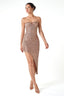 Sequined Strapless Bustier Slit Midi Dress in Champagne