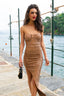 Sequined Strapless Bustier Slit Midi Dress in Champagne