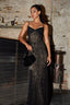 Patterned Velvet on Mesh Gown in Black