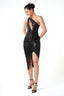 One-Shoulder Cut-Out Ruched Slit Midi Dress in Black