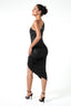 One-Shoulder Cut-Out Ruched Slit Midi Dress in Black