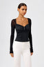 Square V-Neck Padded Mesh Long Sleeve Top with Rhinestones in Black