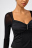 Square V-Neck Padded Mesh Long Sleeve Top with Rhinestones in Black