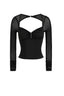 Square V-Neck Padded Mesh Long Sleeve Top with Rhinestones in Black