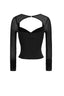 Square V-Neck Padded Mesh Long Sleeve Top with Rhinestones in Black