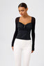 Square V-Neck Padded Mesh Long Sleeve Top with Rhinestones in Black