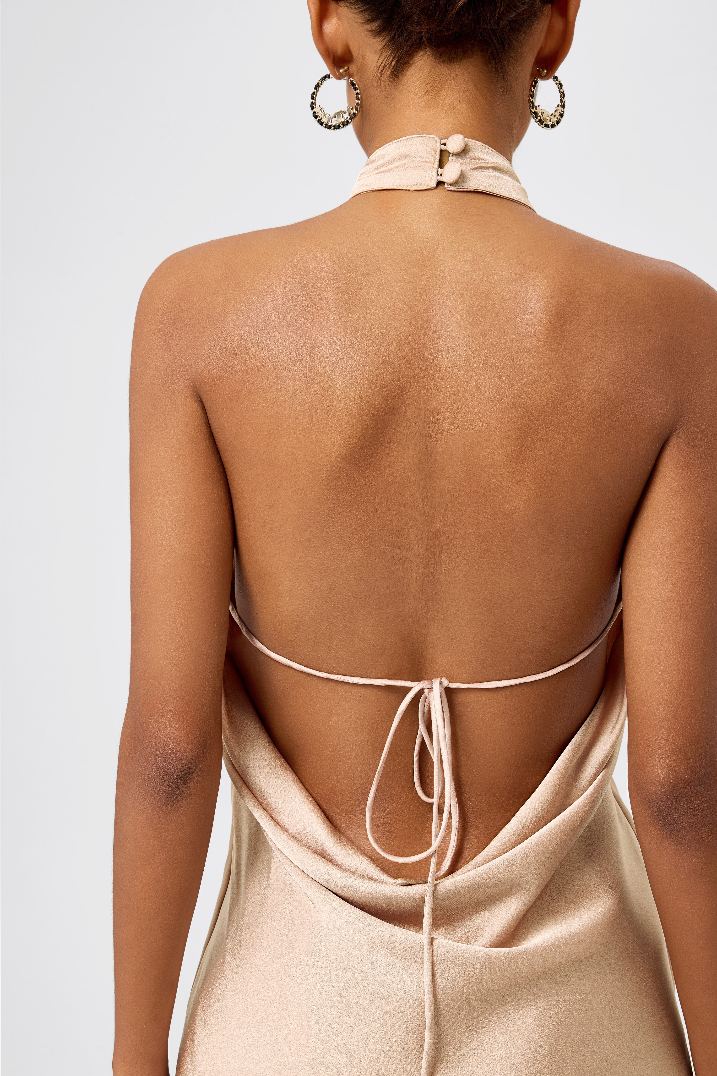 Halter Neck Open Back Satin Mini Dress Champagne HOLO LOKA Halter Neck Open Back Satin Mini Dress Champagne HOLO LOKA