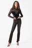 Mesh Panel Velvet Long Sleeve Bodysuit in Black