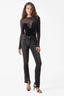 Mesh Panel Velvet Long Sleeve Bodysuit in Black