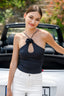 3D Rose Halter Cross-Over Sleeveless Top in Black