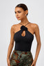 3D Rose Halter Cross-Over Sleeveless Top in Black