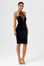 Pearl Halter Deep V Velvet and Tulle Midi Dress in Black