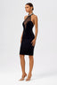 Pearl Halter Deep V Velvet and Tulle Midi Dress in Black