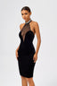 Pearl Halter Deep V Velvet and Tulle Midi Dress in Black