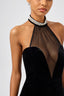 Pearl Halter Deep V Velvet and Tulle Midi Dress in Black