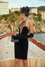 Pearl Halter Deep V Velvet and Tulle Midi Dress in Black